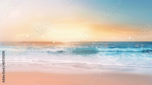 Blurry tropical beach with bokeh  sun light  waves  abstract background  copy and text space  16 9