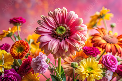 Wilted Flower Among Vibrant Flowers on Soft Pink Background Illustrating Flaw in Beauty