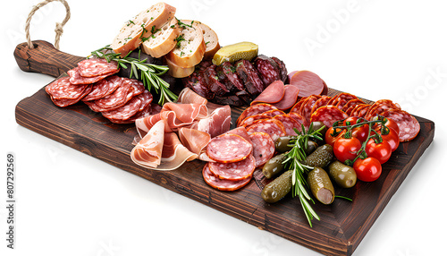Wooden board with assortment of tasty deli meats isolated on white background