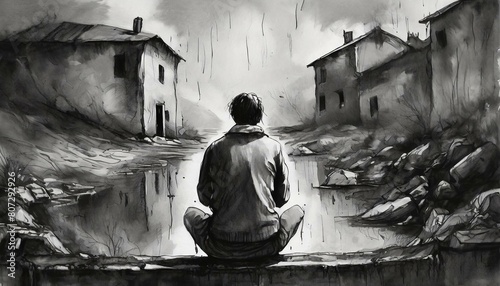 Loneliness, poverty, panic attack and depression ,Black and white photograph of a lonely young man drawing background