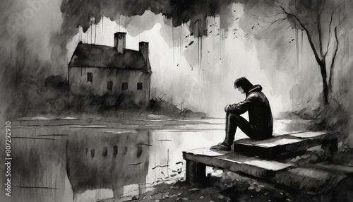 Loneliness, poverty, panic attack and depression ,Black and white photograph of a lonely young man drawing background