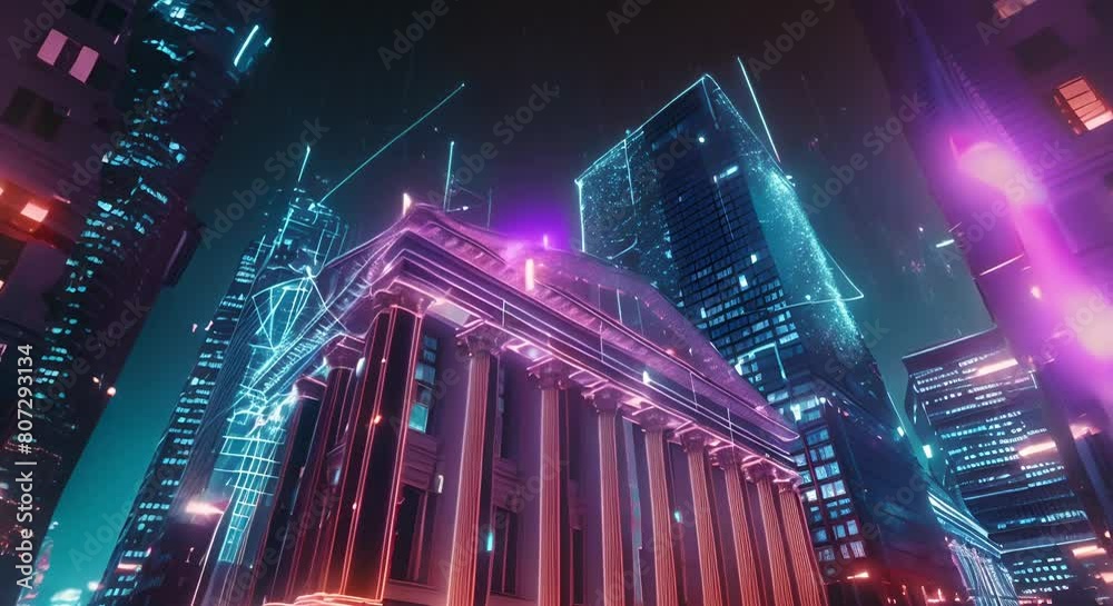 Neoclassical bank building in neonlit virtual cityscape symbolizes futuristic fintech transformation . Concept Futuristic Architecture, Neon Lighting, Virtual Cityscape, Fintech Transformation