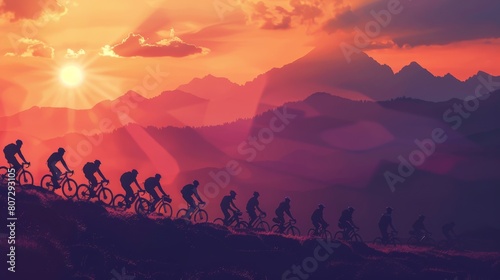 Mountain Bikers Riding at Sunset Generative AI