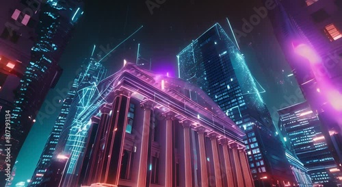 Neoclassical bank building in neonlit virtual cityscape symbolizes futuristic fintech transformation . Concept Futuristic Architecture, Neon Lighting, Virtual Cityscape, Fintech Transformation photo