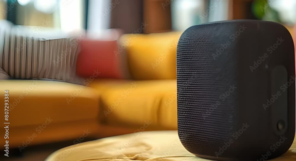 Close-up of a smart portable wireless speaker for home automation: A High-Tech Sound Solution. Concept Smart Home Gear, Wireless Technology, Audio Devices, Home Automation, Portable Gadgets