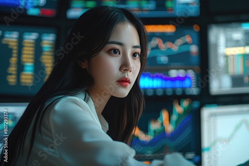 Professional Woman Analyzing Stock Market Dynamics, Client Interaction