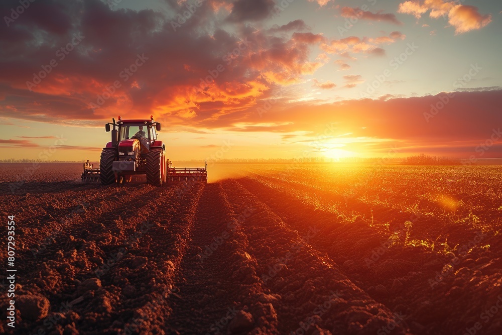 Golden Furrows: Tractor Tilling the Earth at Dusk