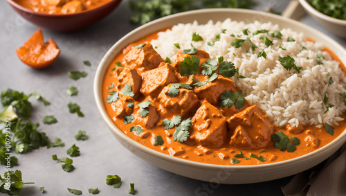 A plate of chicken tikka masala with rice.
