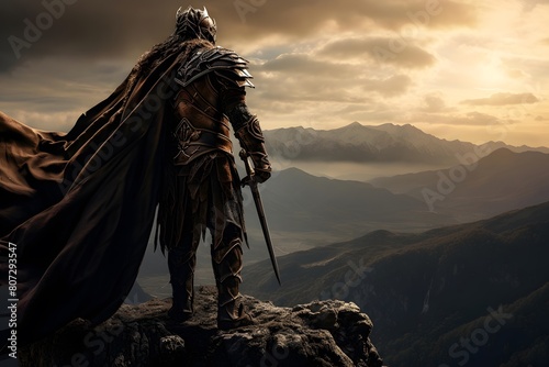 Medieval knight in armor on top of mountain. 3d render photo