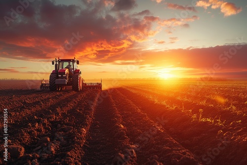 Golden Furrows: Tractor Tilling the Earth at Dusk photo