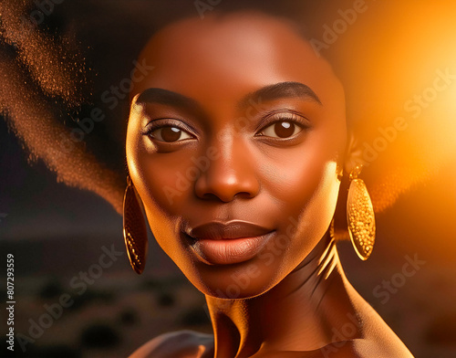 Retrato primer plano de una mujer africana en la hora dorada, ojos marrones, cabello rizado, pendientes, labios gruesos, mirada sonriente, Mayo 2024