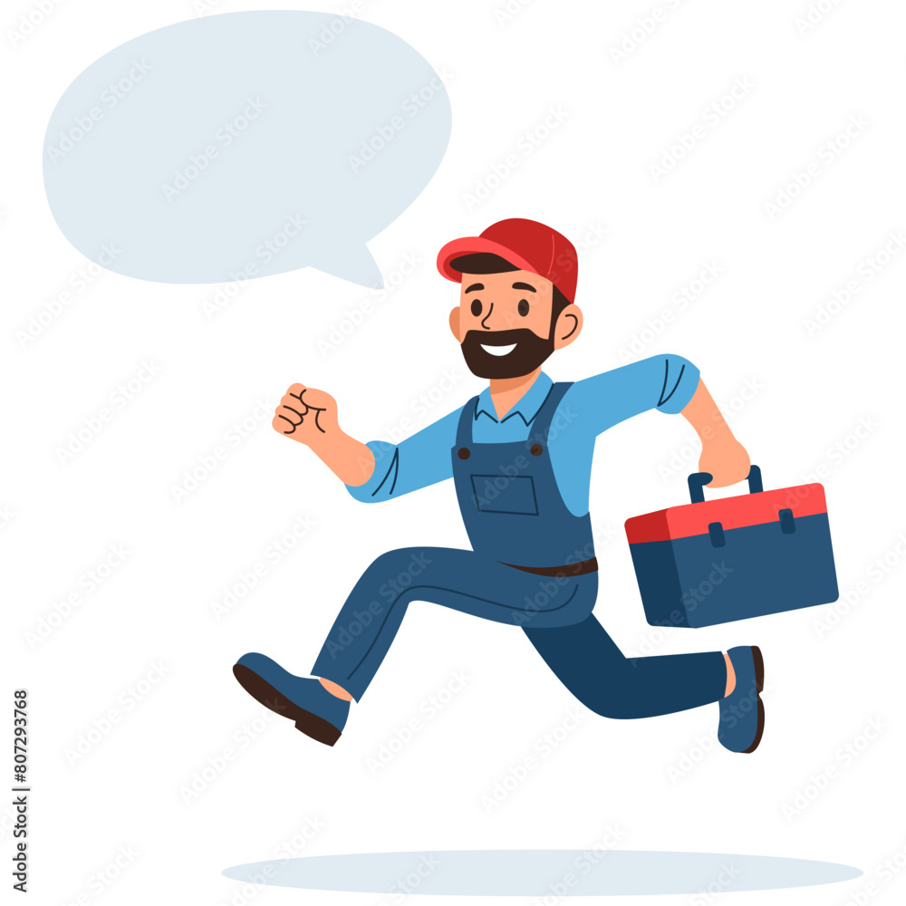 Flat vector illustration. Cheerful plumber running for a call, speech bubble with space for your text . Vector illustration Flat vector illustration. Cheerful plumber running for a call, speech bubble with space for your text . Vector illustration