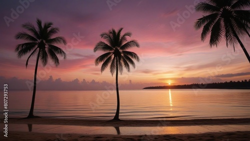 A serene, picturesque tropical beach at sunset, bathed in the warm glow of a pink sky.