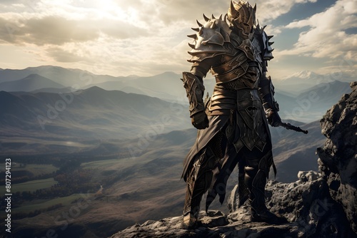 3D rendering of a fantasy alien warrior in the mountains at sunset