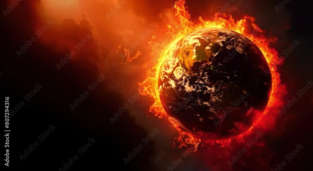 Global warming concept with globe on fire against dark background . Concept Climate Change, Environmental Crisis, Global Warming, Catastrophic Events, Earth's Destruction