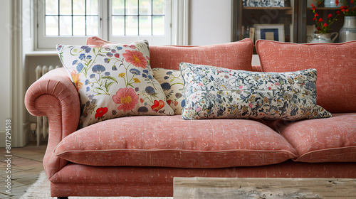 Colorful floral cushions on vintage sofa