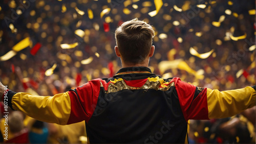 Sports fan celebrating championship victory in a sports stadium. Man supporting his team in national colors. Fan cheering zone photo