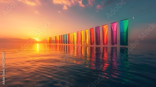 A detailed HD image of a waterfront lined with sequential Pride banners representing each color of the rainbow, reflected in the calm waters at sunset photo
