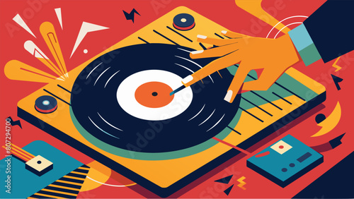 The sound of a record being scratched fills the room as the DJ expertly manipulates the crossfader creating a bold and electrifying sound. Vector illustration photo