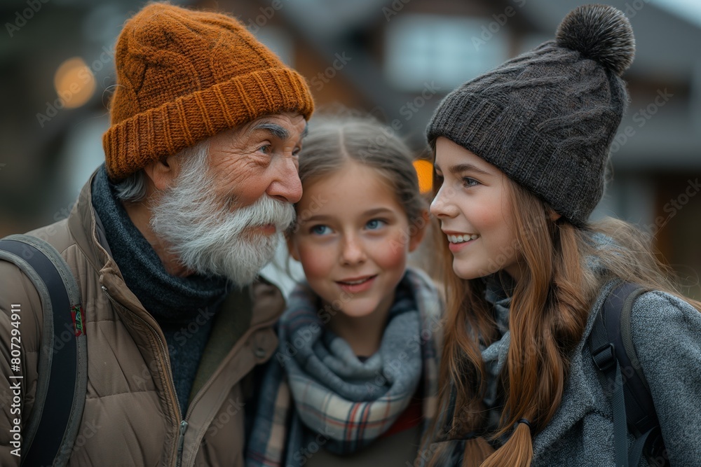 Grandfather and granddaughters in winter hats Grandfather and granddaughters in winter hats