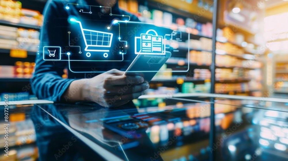 A person is holding a laptop with a shopping cart on the screen A person is holding a laptop with a shopping cart on the screen