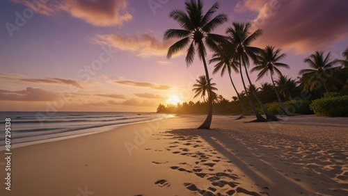 Beautiful tropical beach sunset with palm trees and pink sky for travel and vacation in holiday relax time
