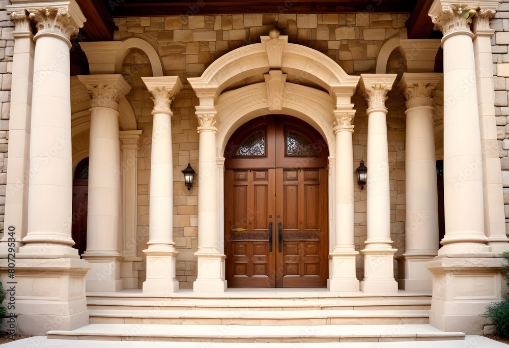 A grand, classical-style entrance with a set of double wooden doors surrounded by ornate columns and a stone staircase leading up to the entrance A grand, classical-style entrance with a set of double wooden doors surrounded by ornate columns and a stone staircase leading up to the entrance