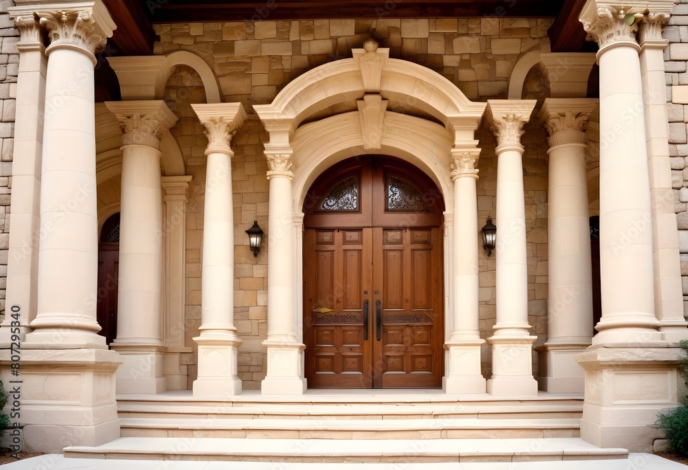 A grand, classical-style entrance with a set of double wooden doors surrounded by ornate columns and a stone staircase leading up to the entrance