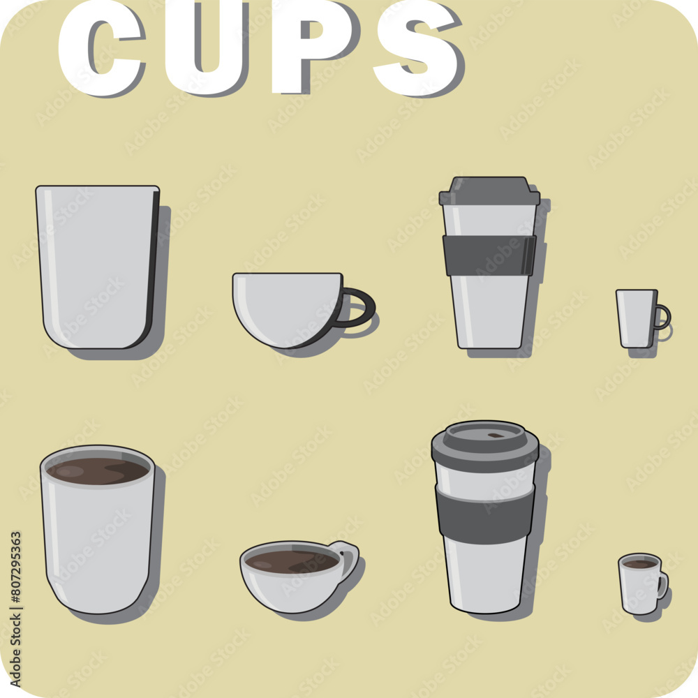 Obraz premium A set of cups (of tea, or coffee, or other beverage), each cup got shadows. Isolated on ochre background. Four types of cups: take away, small for espresso, hemispherical, tall without handle.