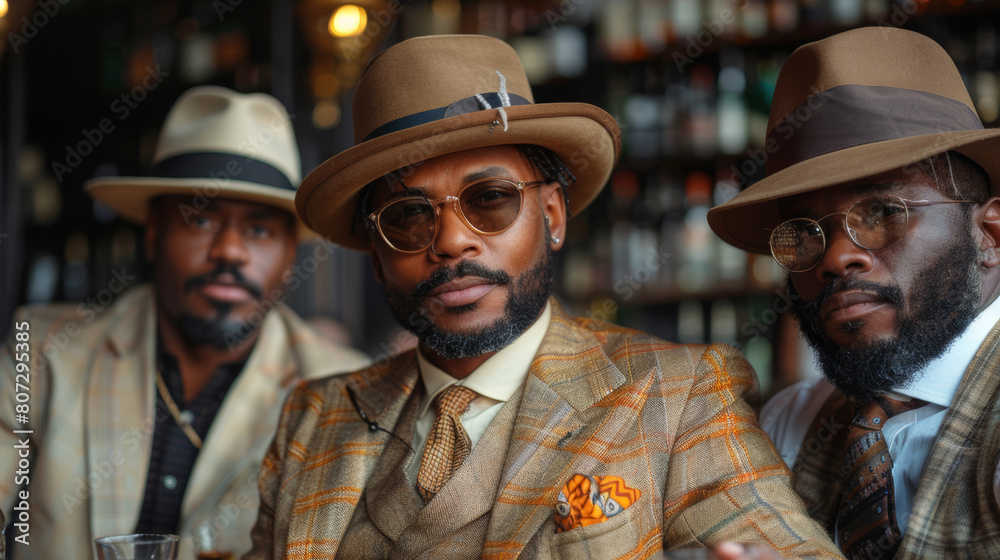 Elegant Men in Retro Fashion with Stylish Hats and Suits in a Bar Setting Elegant Men in Retro Fashion with Stylish Hats and Suits in a Bar Setting