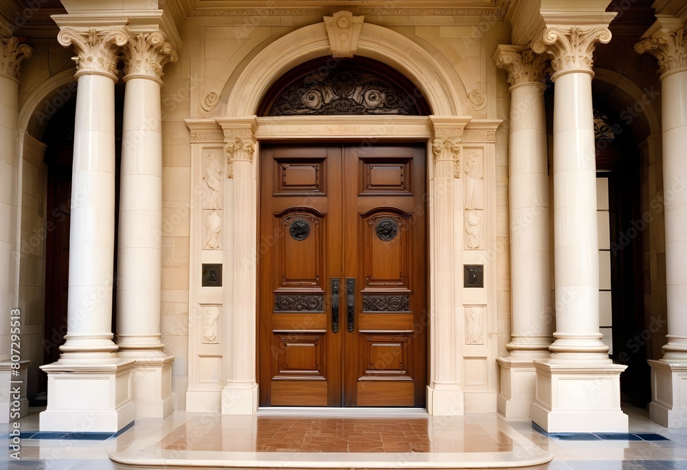 A grand, classical-style entrance with a set of double wooden doors surrounded by ornate columns and a stone staircase leading up to the entrance