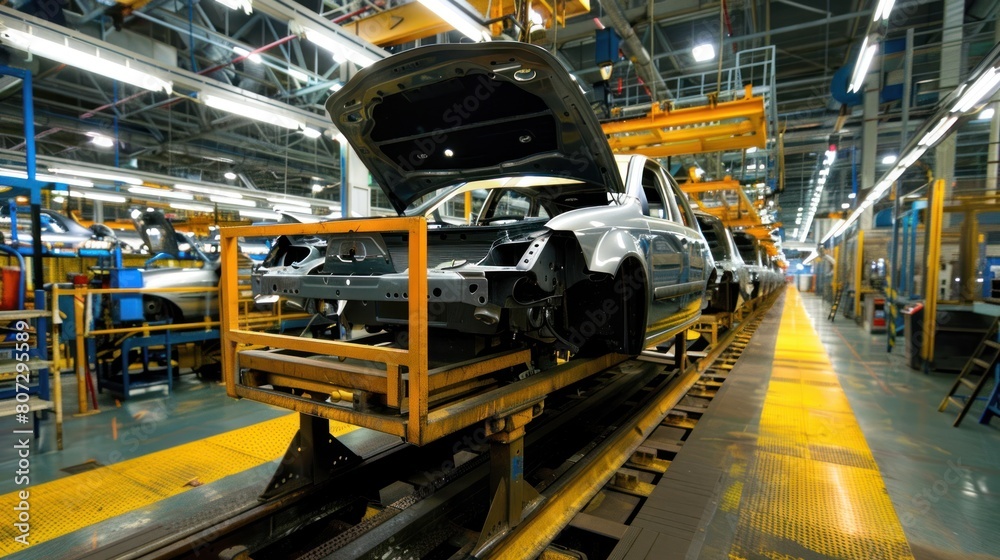 Car Assembly in a modern vehicle factory, AI generated image.