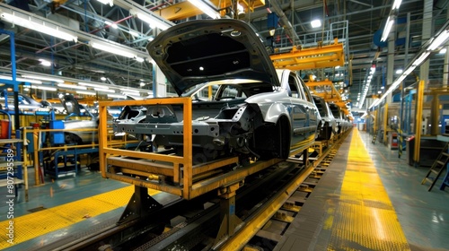 Car Assembly in a modern vehicle factory, AI generated image.