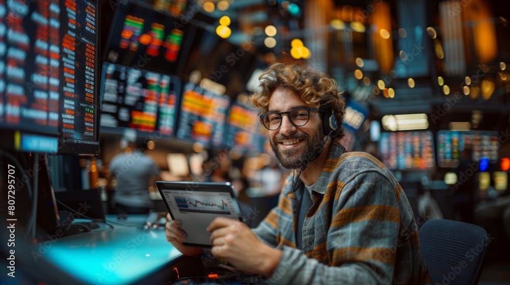 Joyful Young Man with Headphones Using Tablet in Vibrant Stock Exchange Environment Joyful Young Man with Headphones Using Tablet in Vibrant Stock Exchange Environment