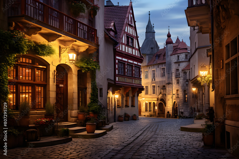 A historic European street in the evening Generative Ai