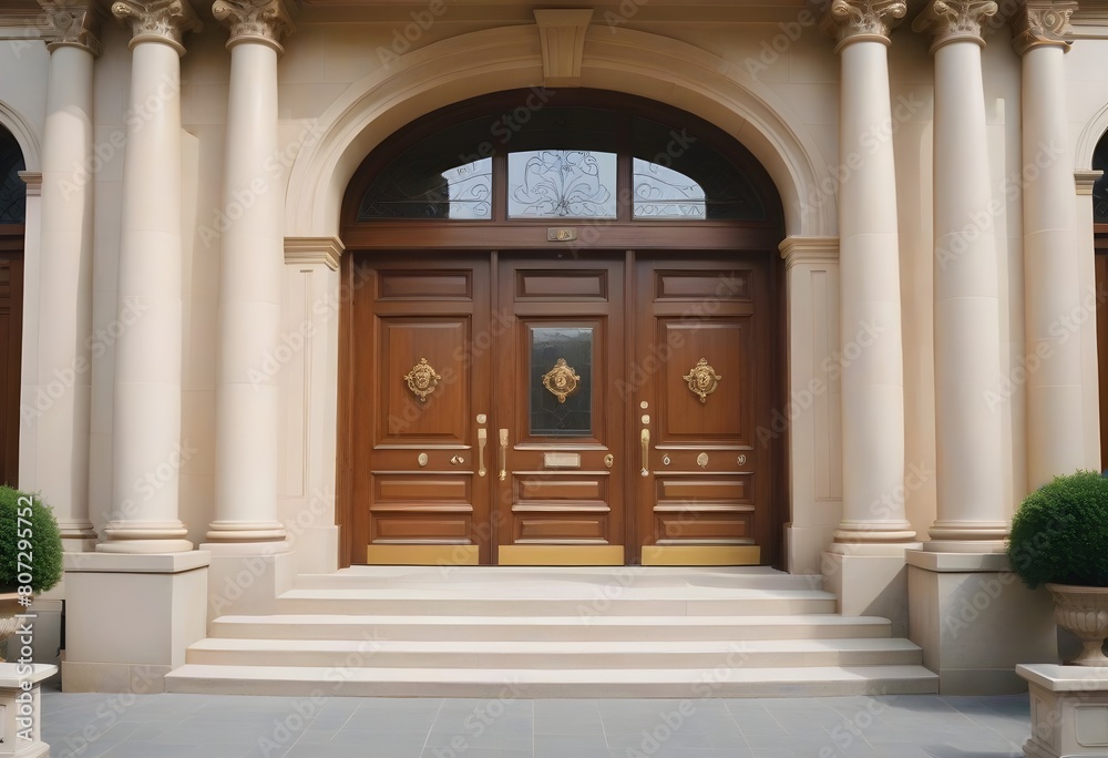 A grand, classical-style entrance with a set of double wooden doors surrounded by ornate columns and a stone staircase leading up to the entrance