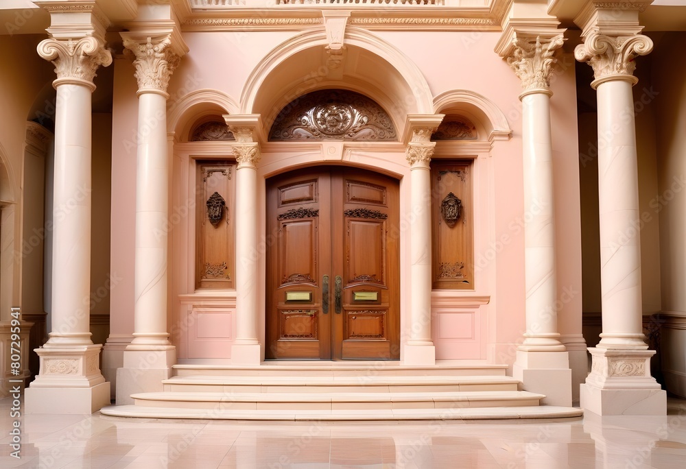 A grand, classical-style entrance with a set of double wooden doors surrounded by ornate columns and a stone staircase leading up to the entrance