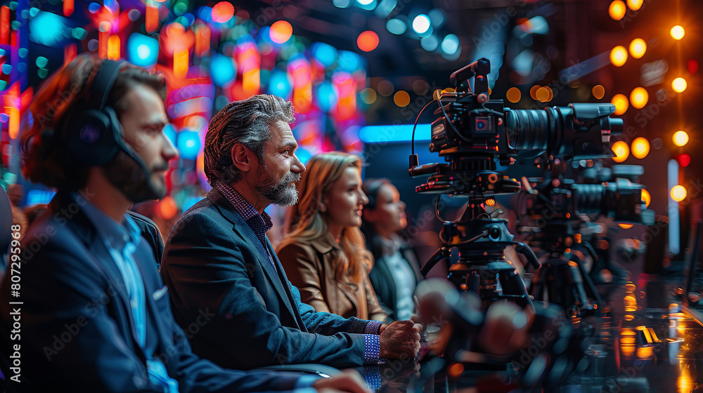Dynamic Talk Show Set With Diverse Specialists Engaged In Discussion Dynamic Talk Show Set With Diverse Specialists Engaged In Discussion