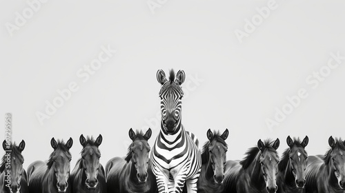 Unique Zebra Stands Out in Horse Herd Generative AI