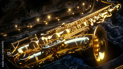 Golden Saxophone A gleaming golden saxophone resting on a velvet-lined case, with its elegant curves and polished keys shimmering under the stage lights, ready to fill the air