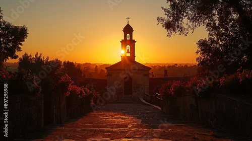 Golden Sunset Behind a Silhouette of a Church Bell Tower and Cross Amidst Blossoming Flowers photo