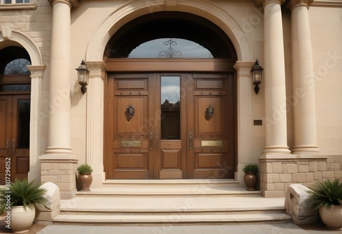 A grand  classical-style entrance with a set of double wooden doors surrounded by ornate columns and a stone staircase leading up to the entrance