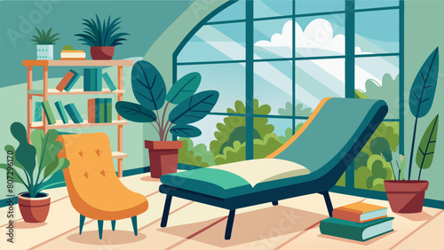 A reading corner nestled in the corner of a sunroom filled with natural light potted plants and a comfortable chaise lounge creating a calming.