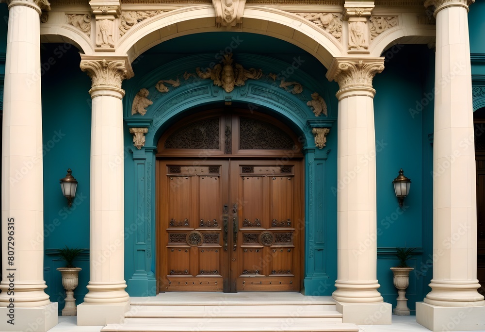 A grand, classical-style entrance with a set of double wooden doors surrounded by ornate columns and a stone staircase leading up to the entrance