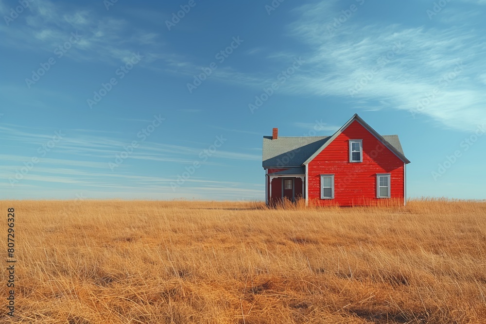 Solitary red house in a vast golden field