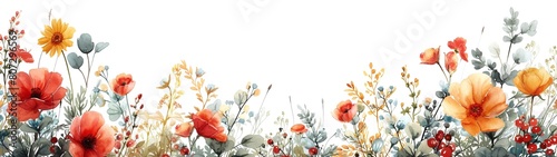 panoramic of colorful flowers on white background, for banner background © Helfin