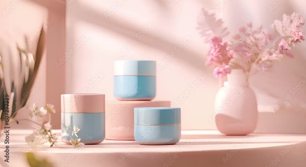 Pastel Pink and Blue Cosmetics Packaging Mockup for Beauty Product Showcase. Concept Cosmetics Packaging, Mockup Design, Beauty Product, Pastel Colors, Showcase Pastel Pink and Blue Cosmetics Packaging Mockup for Beauty Product Showcase. Concept Cosmetics Packaging, Mockup Design, Beauty Product, Pastel Colors, Showcase