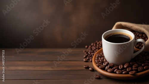 Cup of hot aromatic coffee and roasted beans on wooden table