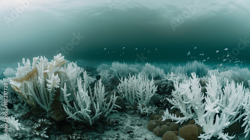 Sunlight streams over a bleached coral reef underwater. photo