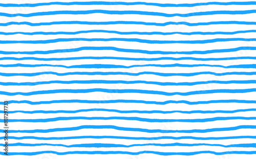 Hand drawn blue stripes on white background. Structure stroke seamless pattern. Summer stripes concept for design, textile, and wallpaper. Marine life and seaside decor. 